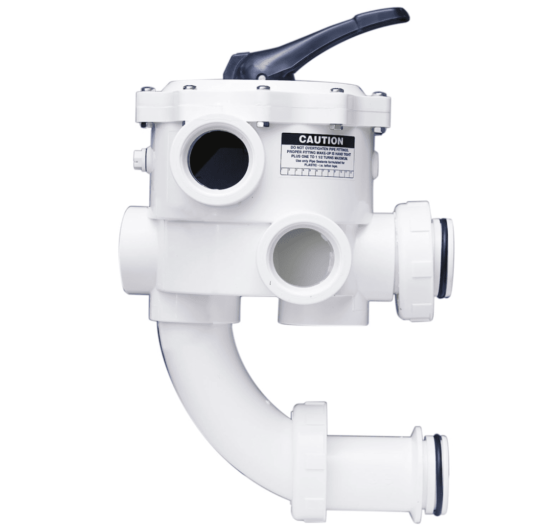 A Pentair 261152 2-Inch Threaded Multiport Valve Replacement Pool and Spa D.E. Filter with a black handle.